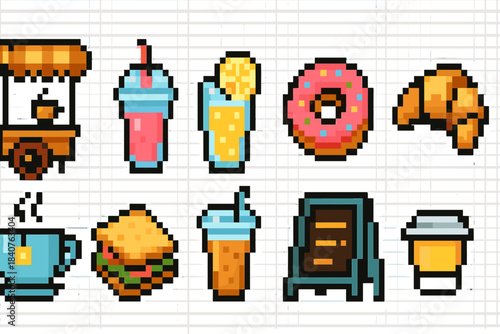 Food and drink pixel icon set. Retro pixelated snacks and beverages icons collection