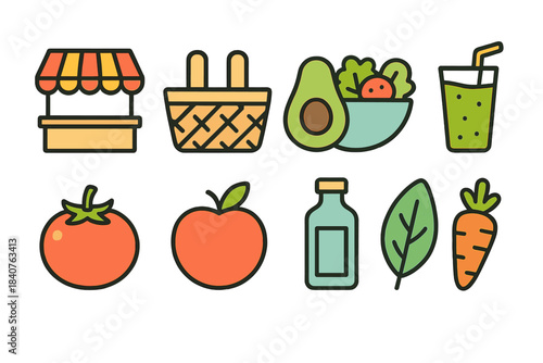 Farmer's market flat icon set. Organic, fresh, healthy, food, nature, grocery symbols.