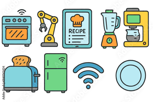 Kitchen appliance and recipe outline icon set. Cooking, smart home outline collection