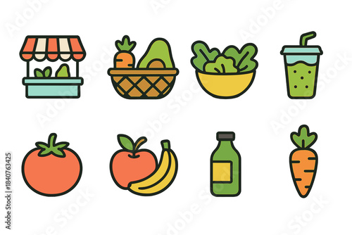 Organic food flat icon set. Fresh, healthy eating icons flat collection for markets
