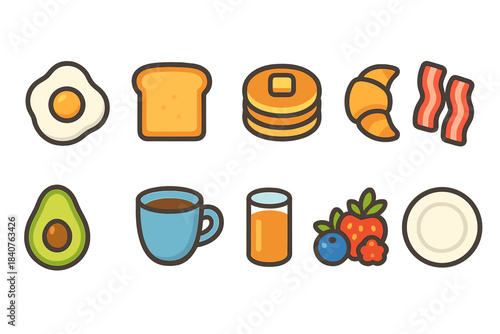 Breakfast food flat icon set. Eggs, toast, pancakes, bacon icons collection