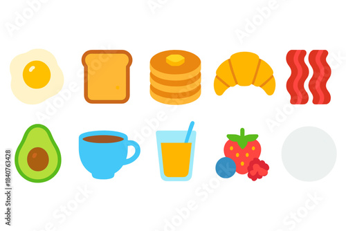 Breakfast, food flat icon set. Colorful morning meal icons for culinary designs.