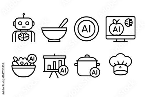 Ai, cooking filled icon set. Technology and culinary icons filled collection