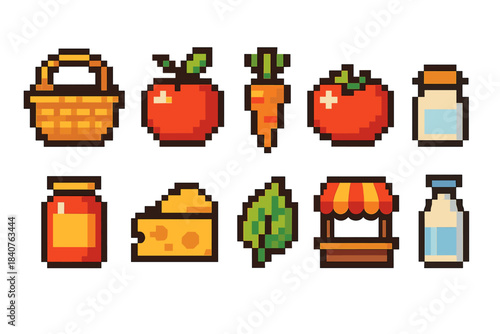 Farmers market, food pixel icon set. Vegetables, basket, milk pixel art collection