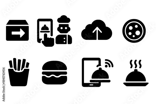 Food delivery silhouette icon set. Restaurant and delivery service icons collection