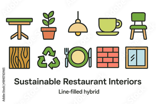 Sustainable restaurant interiors icon set. Eco-friendly dining icons line-filled style