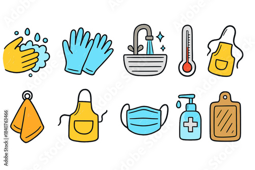 Hygiene and safety icon set: handwashing, mask, and sanitizer icons, filled style