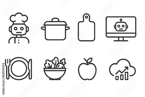 Culinary and tech line icon set with food, robot, and kitchen elements