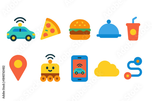 Transportation and food neon icon set. Bright neon icons collection in flat style