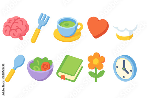 Food and wellness 3d icon set. Healthy living, nutrition, lifestyle graphics