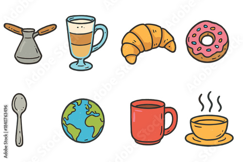 Coffee, breakfast hand-drawn icon set. Food, beverage icons in flat style