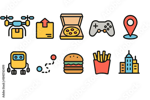 Delivery and food flat icon set. Essential icons for online delivery services collection.