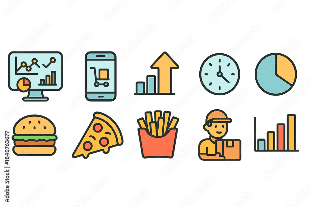 Naklejka premium Business, food delivery icon set. Outline style for food, logistics, charts