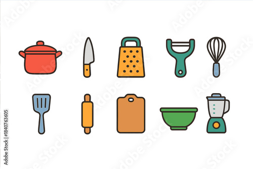 Kitchen utensils flat icon set. Cooking tools, gadgets, cookware flat collection