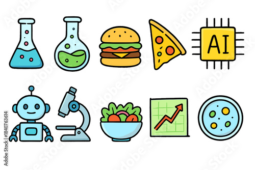 Science and tech flat icon set. Laboratory, ai, food, and data visualization icons