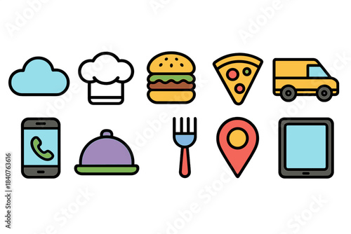 Food and delivery filled icon set. Restaurant, delivery, mobile icons filled collection