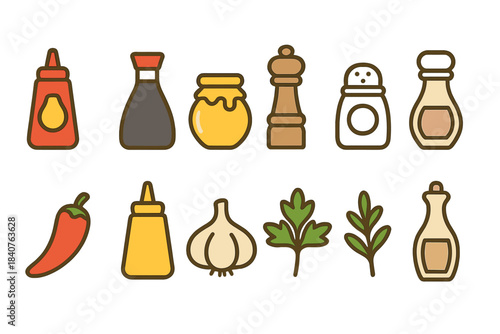 Condiment, spice flat icon set. Kitchen essentials for cooking enthusiasts