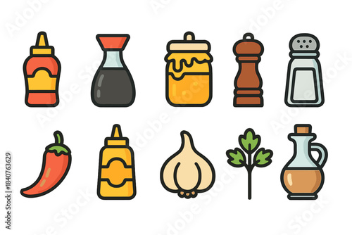 Cooking ingredients flat icon set with spices, sauces, herbs for kitchen essentials