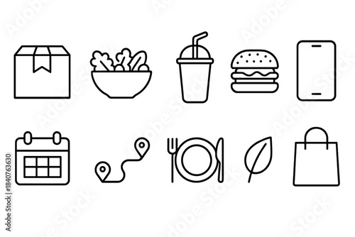 Food and delivery outline icon set. Dining, restaurant, and e-commerce icons collection