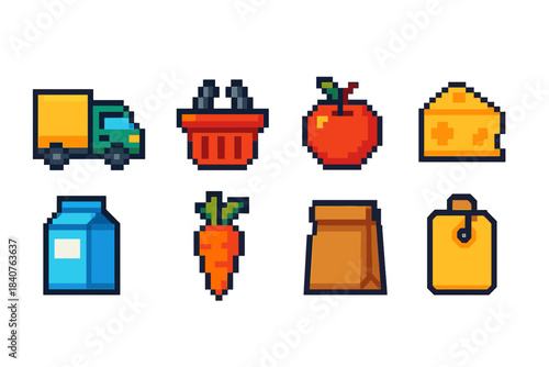 Pixel art food icon set. Groceries, fruits, vegetables, cheese, milk icons.