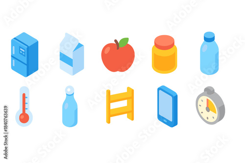 Kitchen and food 3d icon set. Refrigerator, groceries, and bottle icons collection.