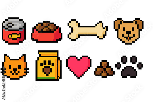 Pet care pixel icon set. Cute, pixelated animal icons for pet supplies and food