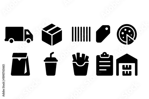 Logistics and delivery silhouette icon set: transport, package, warehouse icons collection