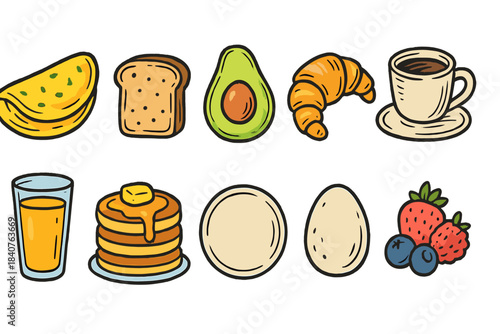 Breakfast doodle icon set: 3d food and drinks icons with bread, eggs, pancakes, coffee