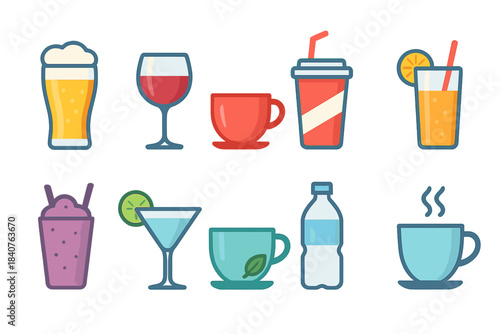 Beverage and drink flat icon set. Refreshments, coffee, tea, and cocktail icons