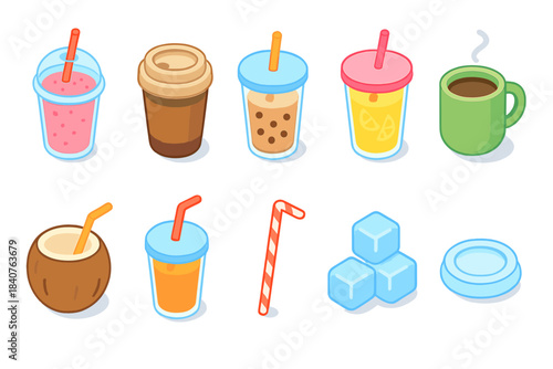 “Beverage, drink icon set. Colorful, juicy, refreshing drinks, smoothies in 3d style”