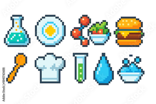 Food and cooking icon set. Colorful pixel art icons collection for culinary projects