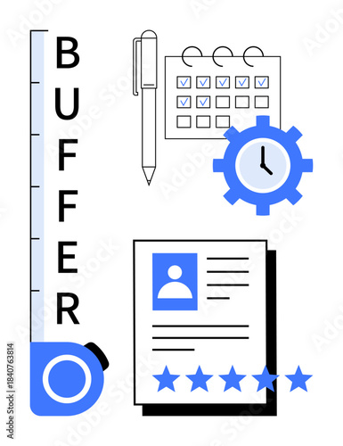 Calendar with checkmarks, pen, clock icon, rating document, and buffer tool. Ideal for task scheduling, project management, productivity, workflow organization goal tracking efficiency