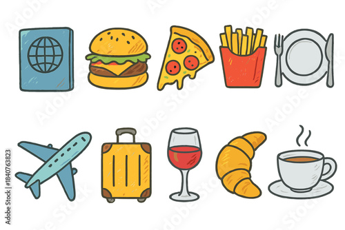 Food and travel doodle icon set. International cuisine and destination icons collection