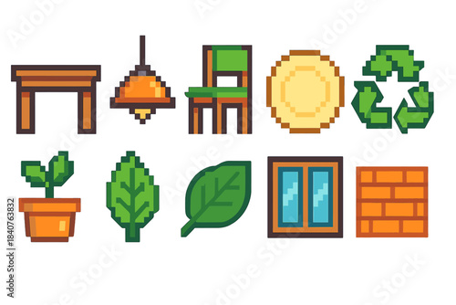 Pixel art home and nature solid icon set. Furniture, plants, windows solid collection.