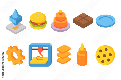 3D printing, food icon set. 3D style icons for culinary and technology themes