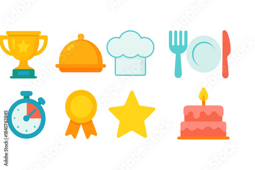 Food and kitchen flat icon set. Dining, cooking, kitchenware flat icons collection