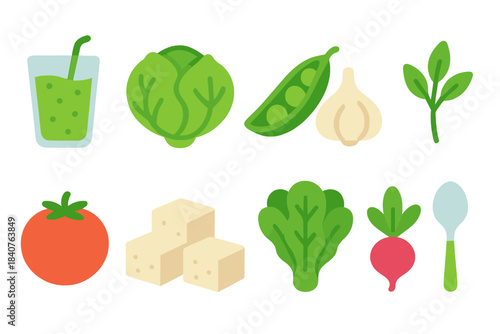 Vegetable and vegan nutrition flat icon set for plant-based diet visuals