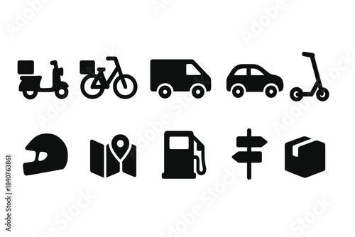 Transport silhouette icon set. Vehicles, navigation symbols in a solid style