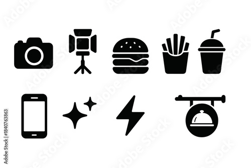 Food and technology silhouette icon set. Fast food and gadget silhouettes collection