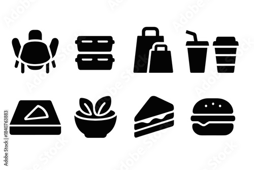Food delivery silhouette icon set. Meal, packaging, takeout silhouette collection