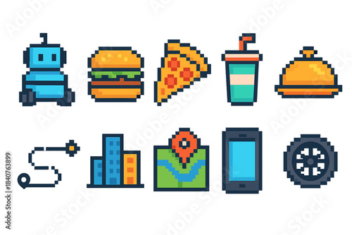 Pixel art food and tech icon set. Retro pixelated icons for digital projects.