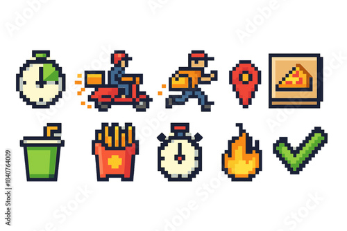 Food delivery pixel icon set. Fast food, courier, location icons in pixel art style