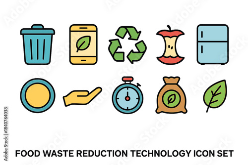 Food waste reduction technology icon set: colorful recycling and sustainability icons