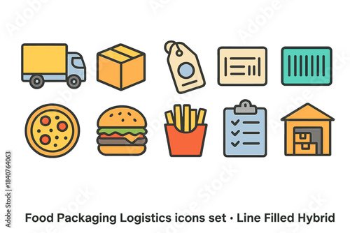 Food packaging and logistics icon set. Line filled hybrid for delivery and storage