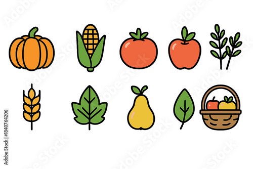 Autumn harvest outline icon set. Seasonal fall produce and vegetable icons collection