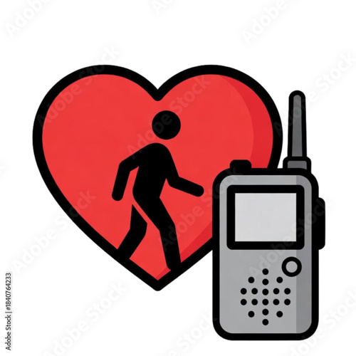 Heartbeat monitoring person with walkie talkie communication device icon