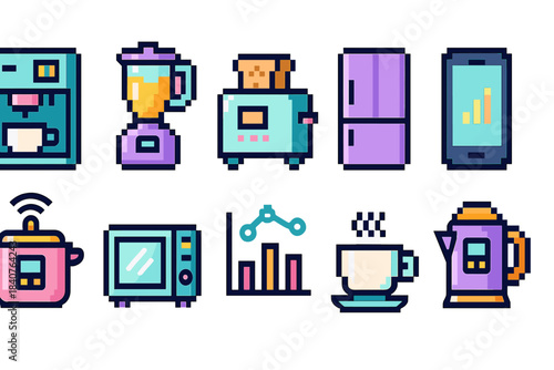 Kitchen appliances flat icon set. Pixel art home electronics collection