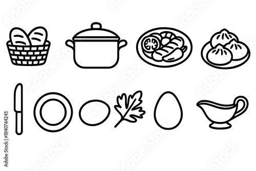 Cooking and dining icon set. Food, kitchen, meal preparation icons outline collection