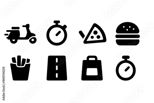 Food delivery, fast food solid icon set. Transportation, quick service solid icons.