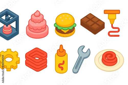 Food and tools isometric icon set. 3D icons for cooking, maintenance, and more
